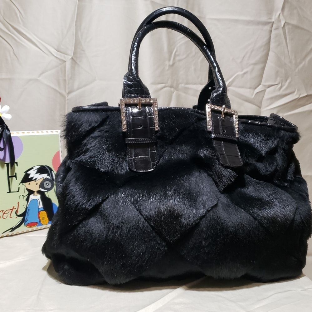 Suarez Black Real Fur Handbag with Rhinestone Accents
